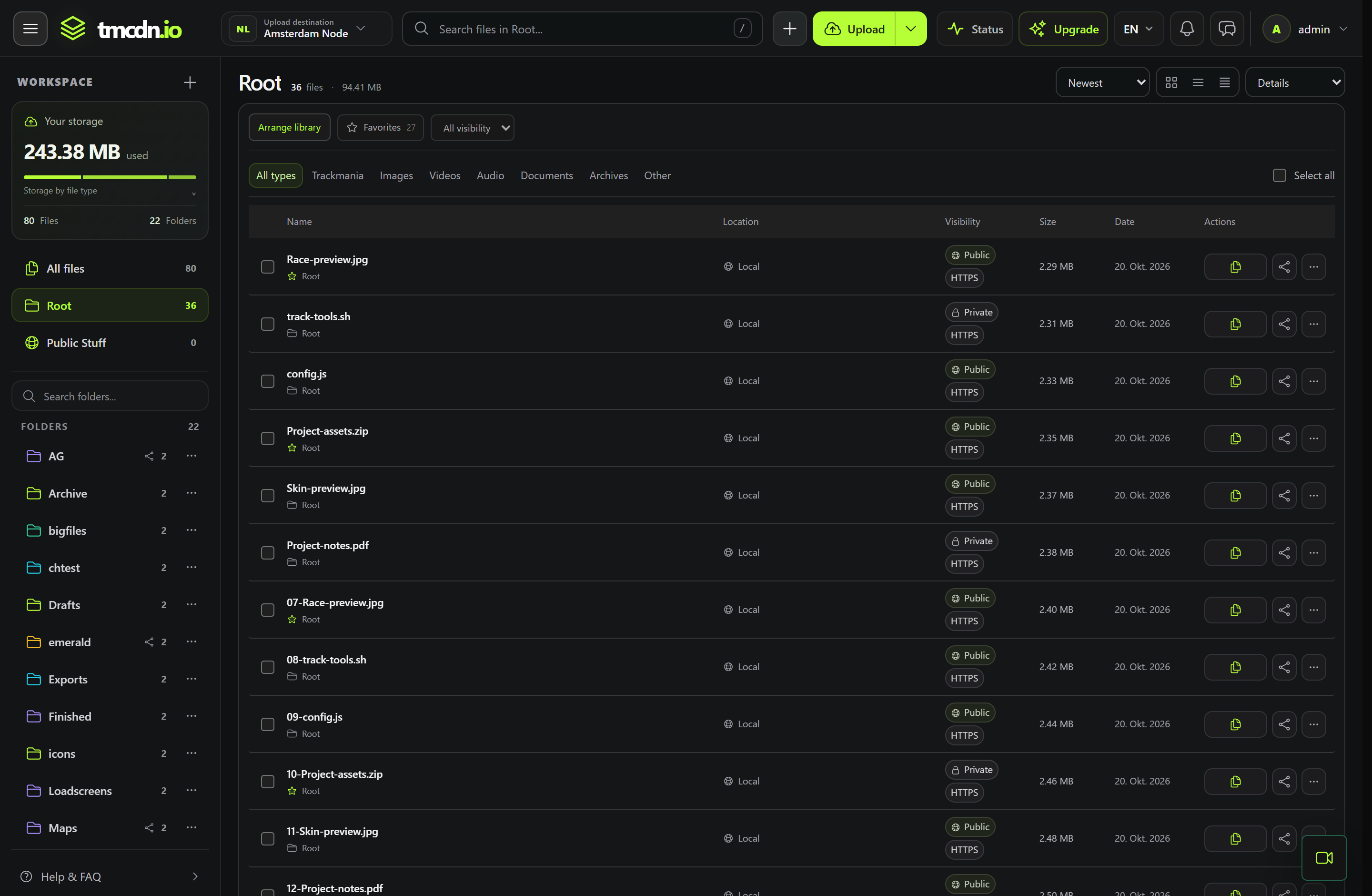 TMCDN detail table with file sizes, dates and access controls