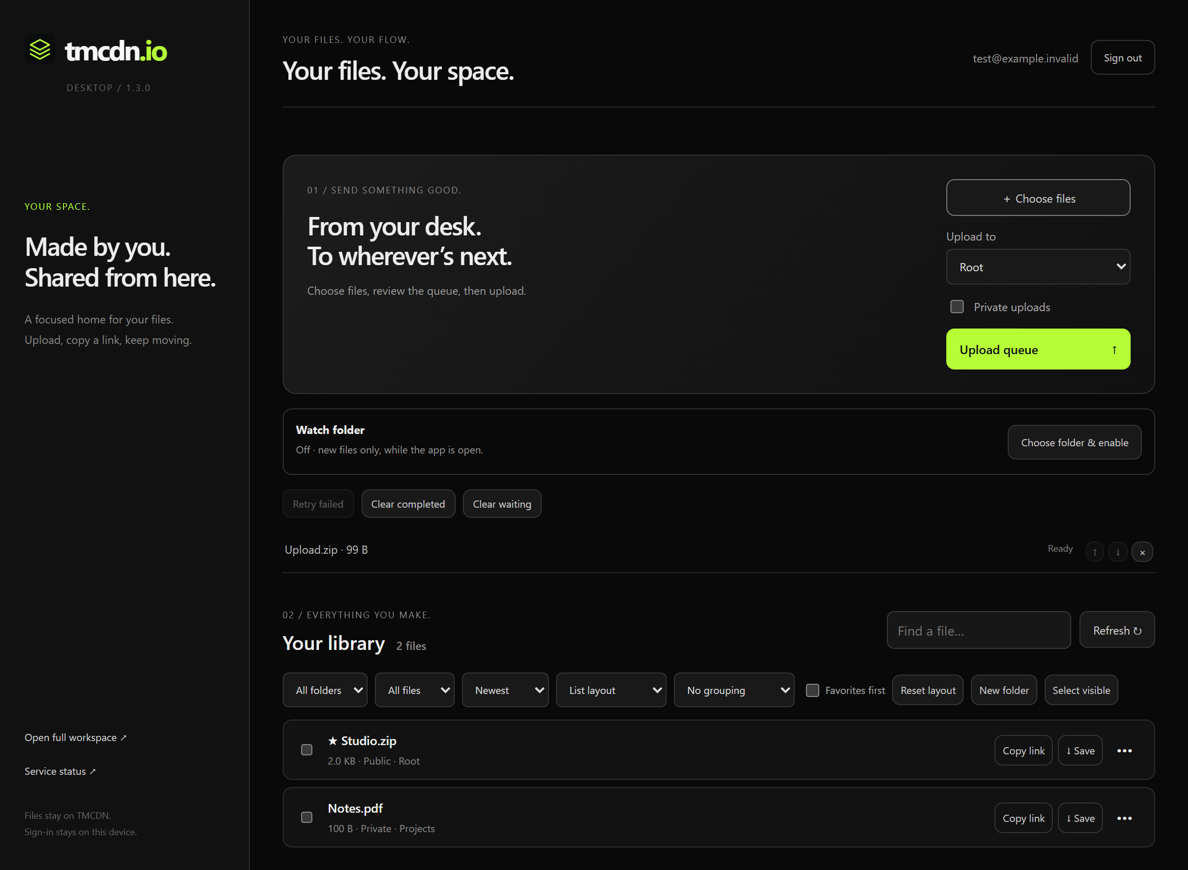 TMCDN Windows client with a file library and upload queue